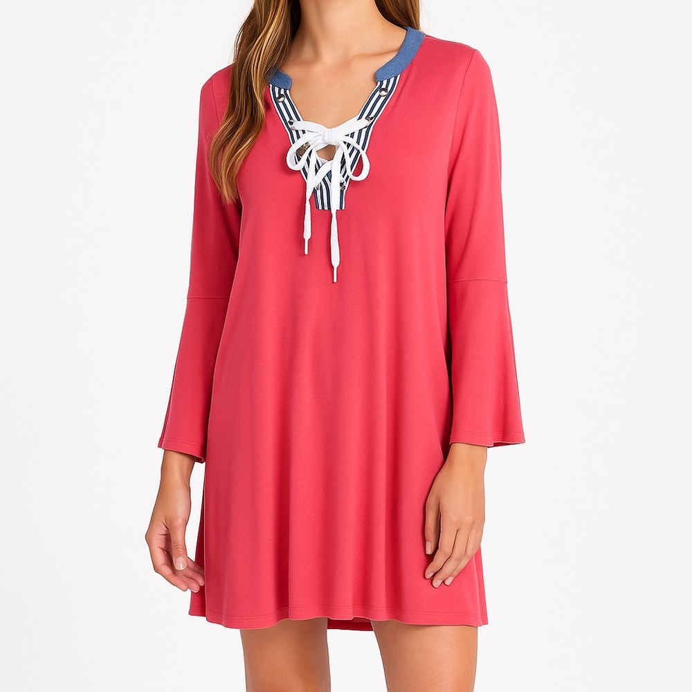 Umgee Womens L Coral‎ Bell Sleeve Dress V-Neck Lace Up Boho Festival Tunic
